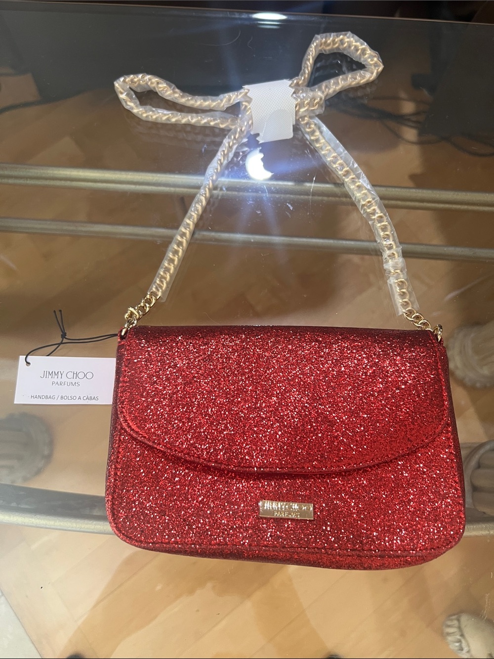 Jimmy Choo Red Glitter Shoulder Crossbody with Gold Chain